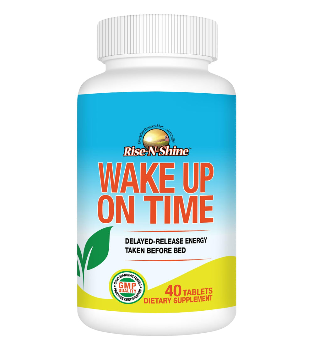 Rise-N-Shine Wake Up On Time bottle front for a ready-to-start morning