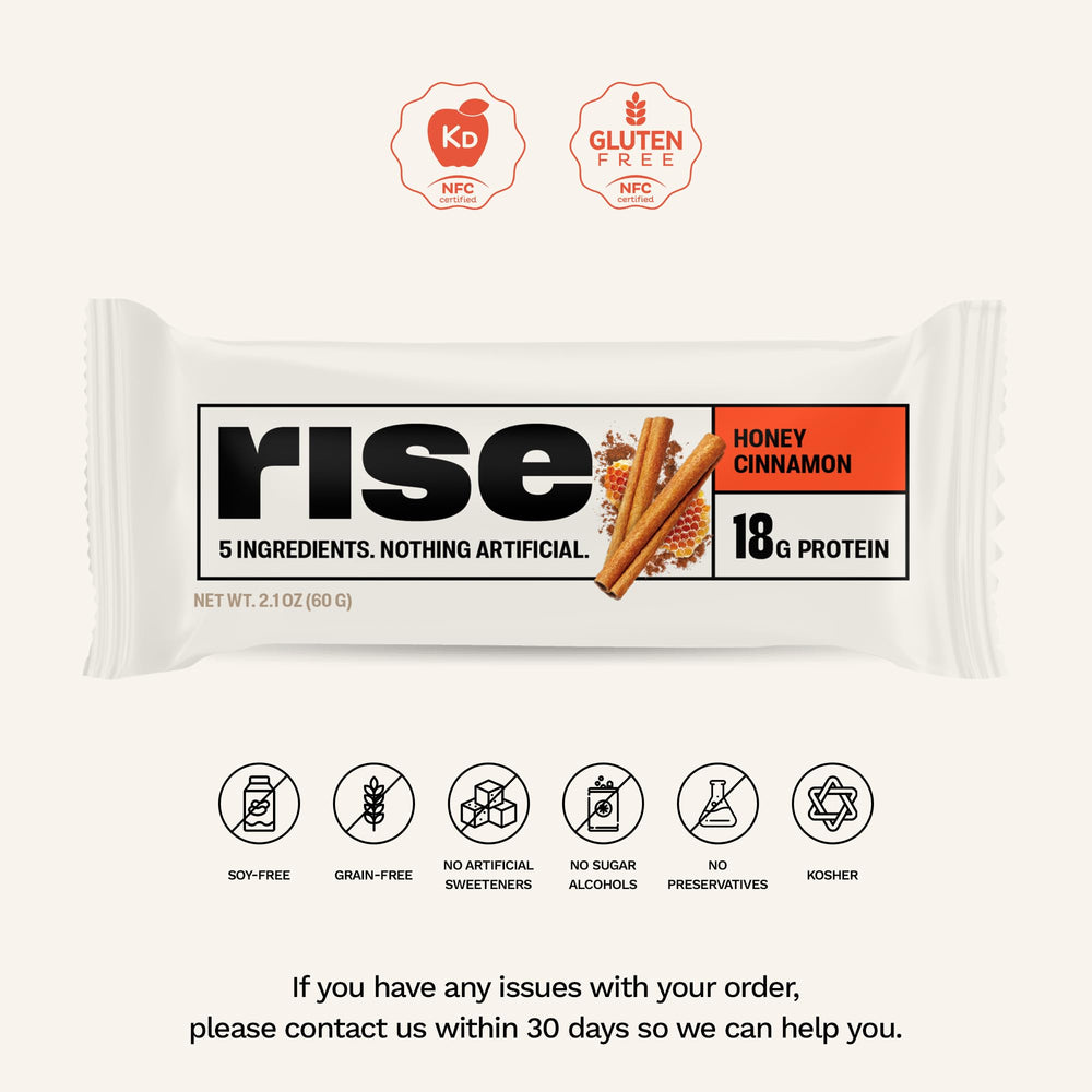 Cross-section view of Rise Honey Cinnamon bar showing texture and protein