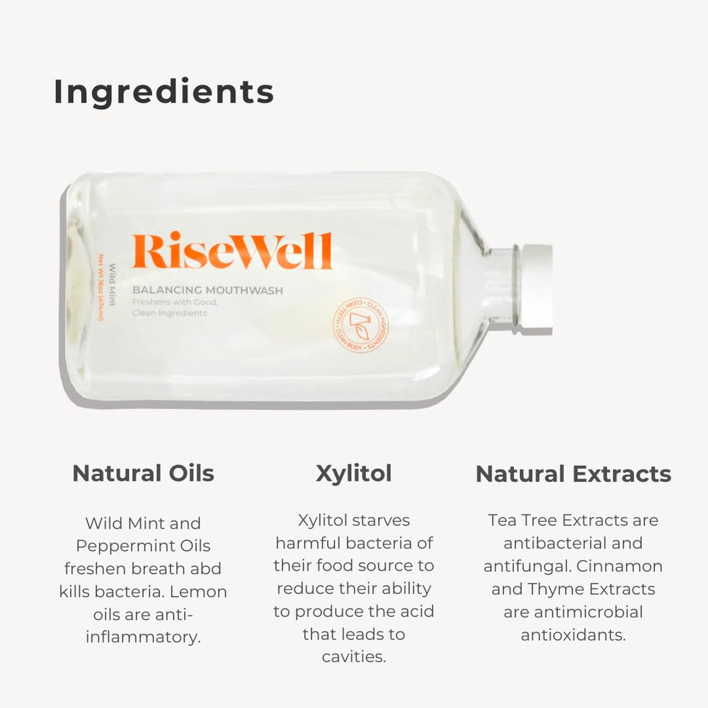 Xylitol and baking soda ingredients highlighted on RiseWell Mouthwash