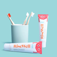 Close-up of RiseWell Kids toothpaste label highlighting hydroxyapatite