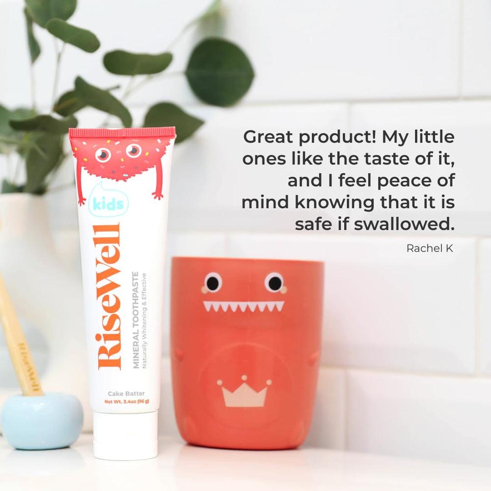 Kids brushing teeth with RiseWell Kids toothpaste in cake batter flavor