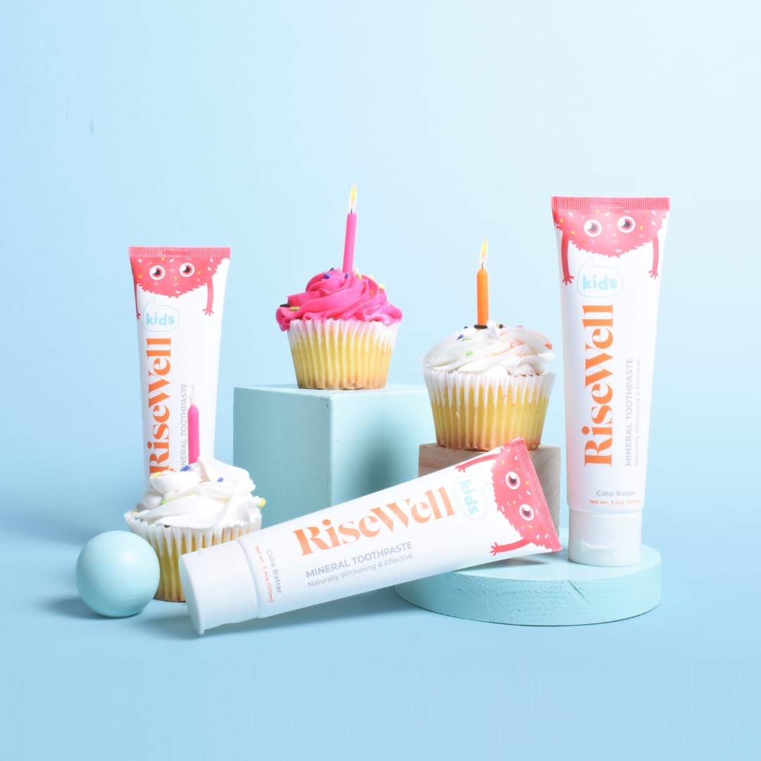 Packaging showing 3.4 oz per tube, pack of 2 RiseWell Kids toothpaste