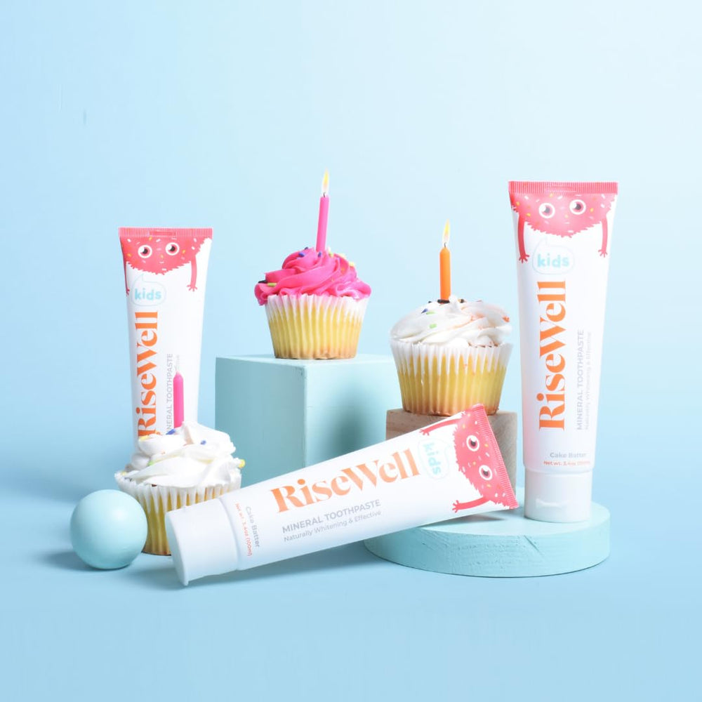 Packaging showing 3.4 oz per tube, pack of 2 RiseWell Kids toothpaste
