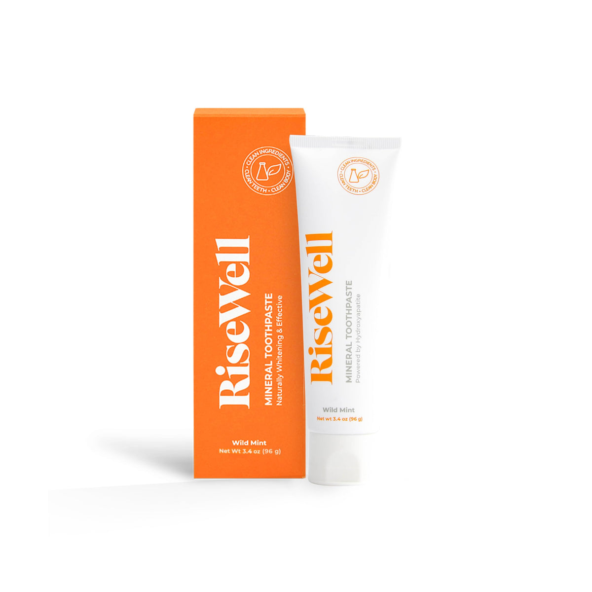 RiseWell Mineral Toothpaste front label highlighting hydroxyapatite and USA made claim
