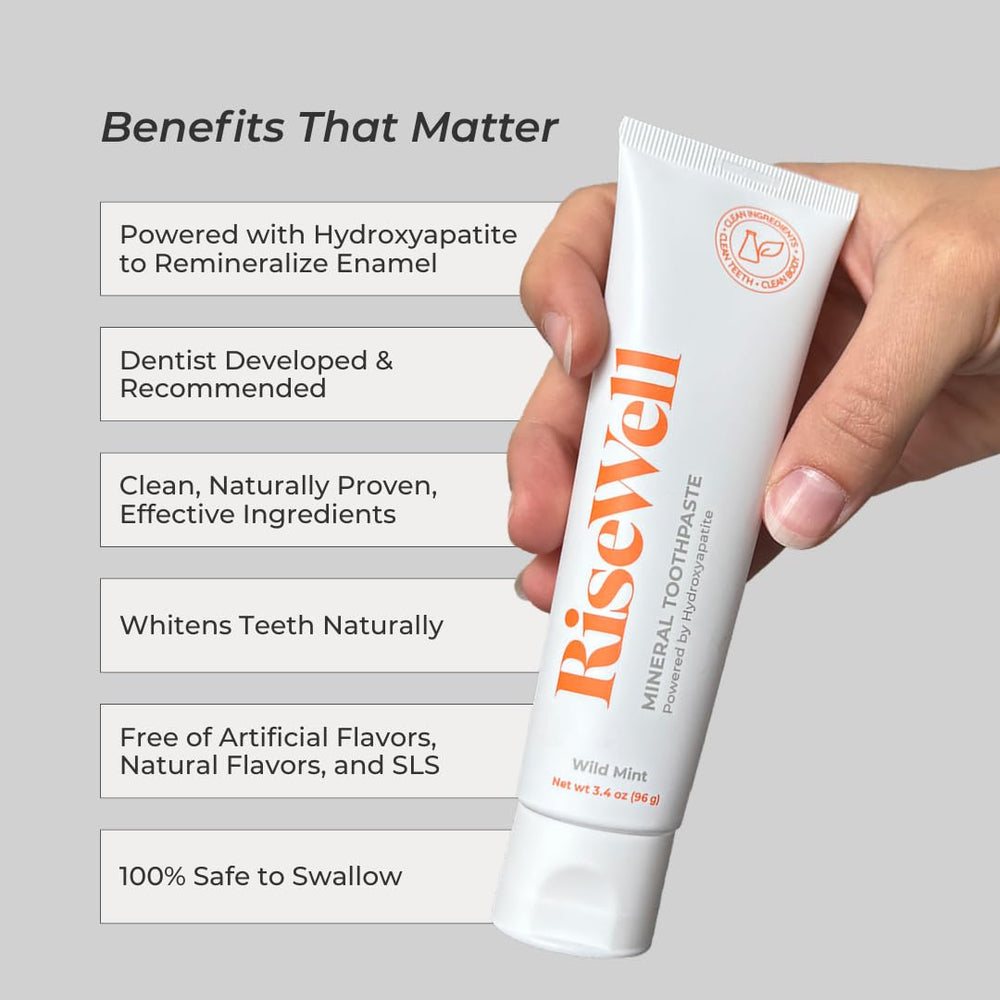 Close-up of RiseWell toothpaste tube showing hydroxyapatite formula