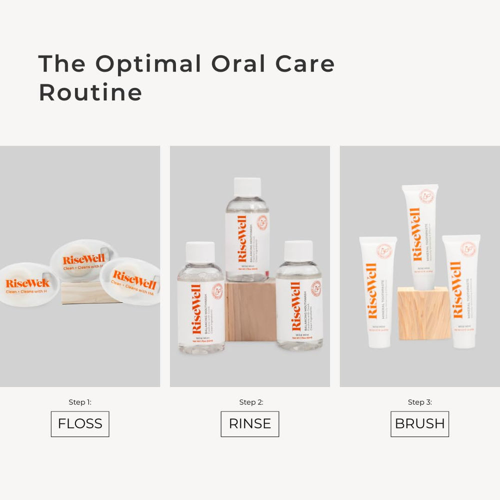 TSA-approved travel dental care items: toothpaste, mouthwash, floss and reusable canvas tote