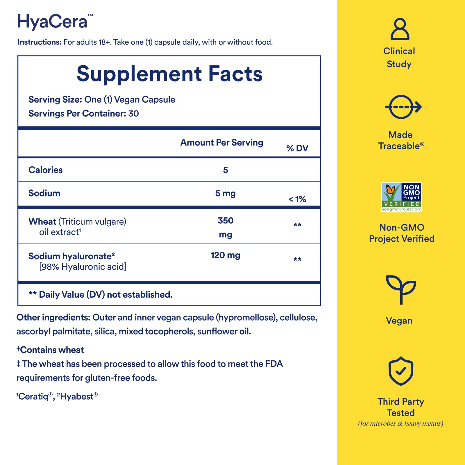 Close-up of HyaCera capsule and ingredients Hyabest and Ceratiq