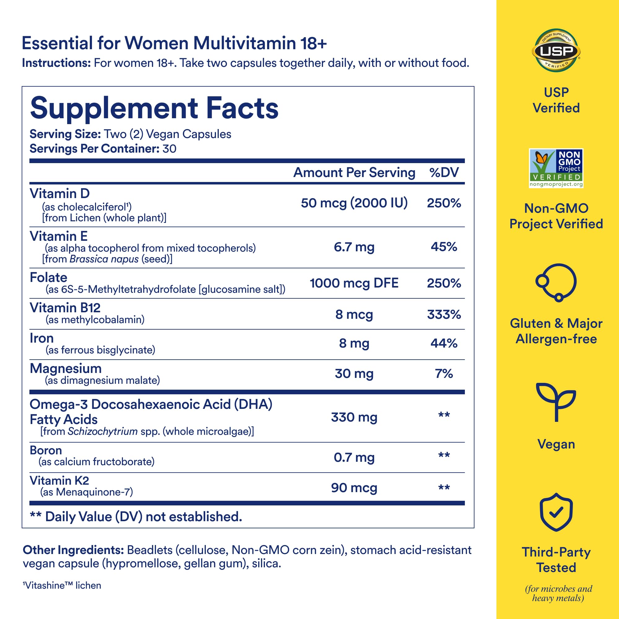 Ritual Multivitamin Women 18+ capsules close-up highlighting vegan Omega-3 DHA and B12
