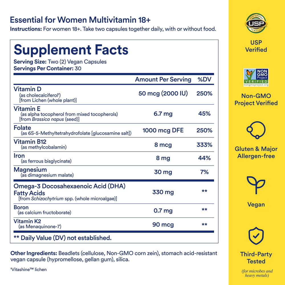 Ritual Multivitamin Women 18+ capsules close-up highlighting vegan Omega-3 DHA and B12