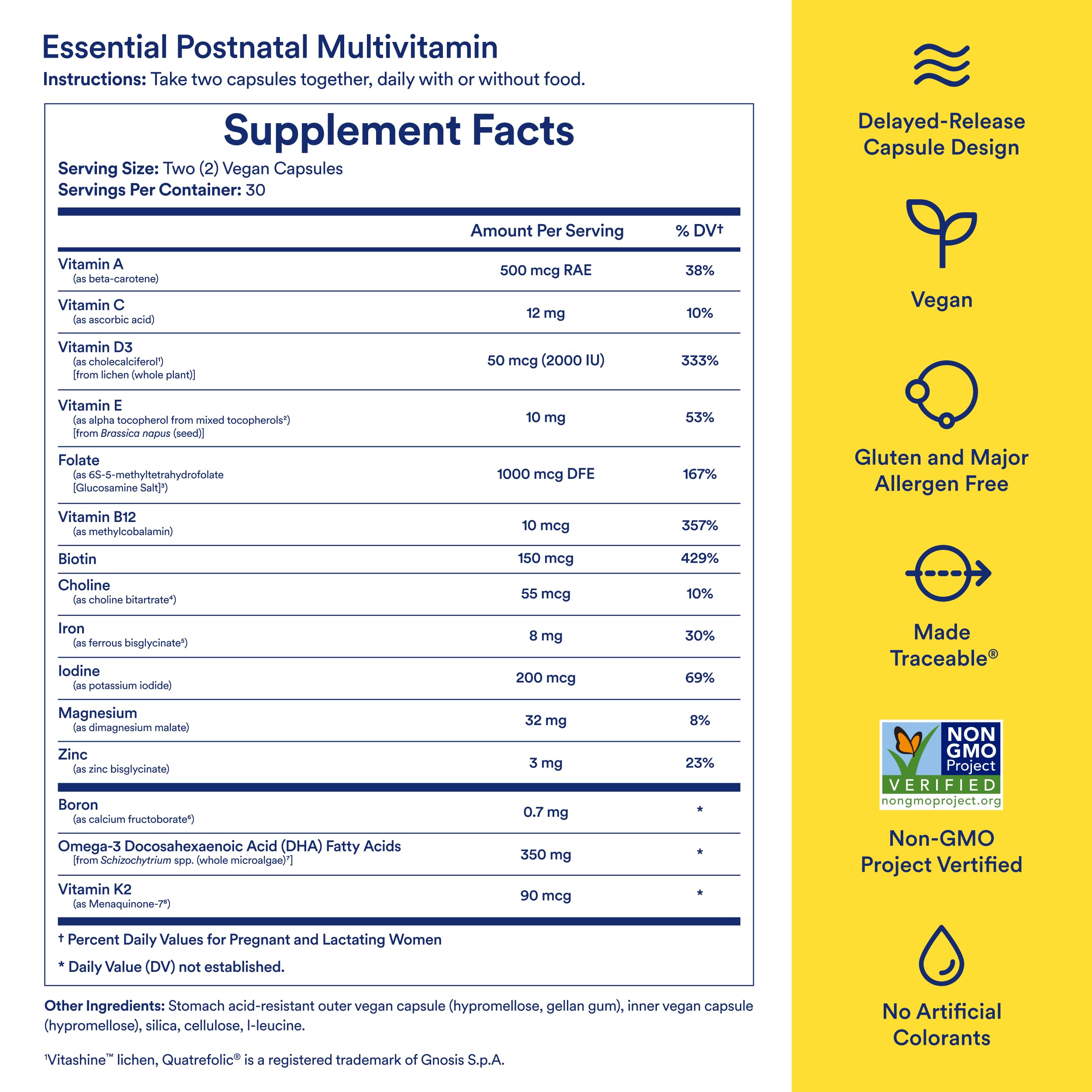 Ingredients infographic highlighting 15 nutrients for postpartum and lactation
