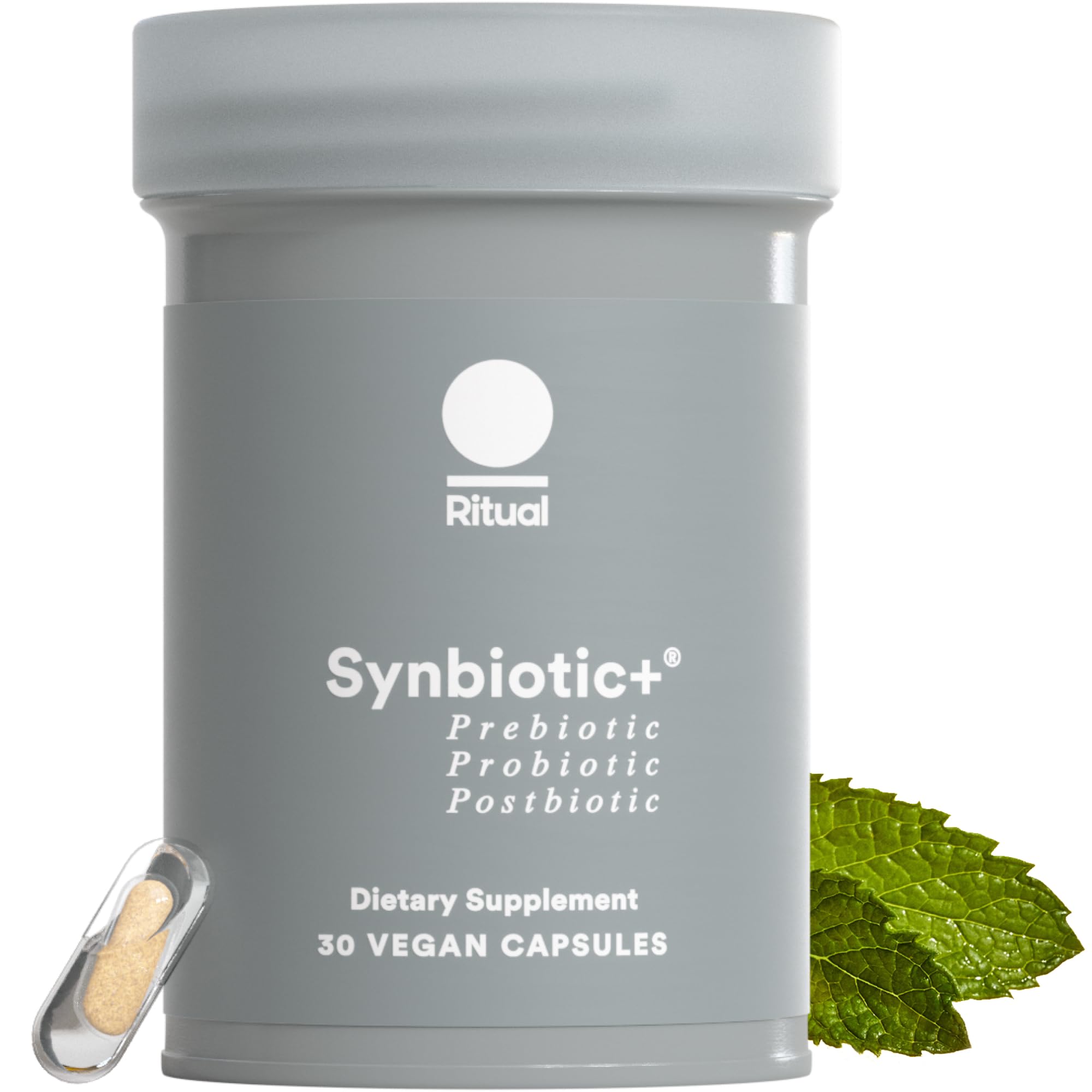 Ritual Synbiotic+ bottle label close-up highlighting the 3-in-1 gut support