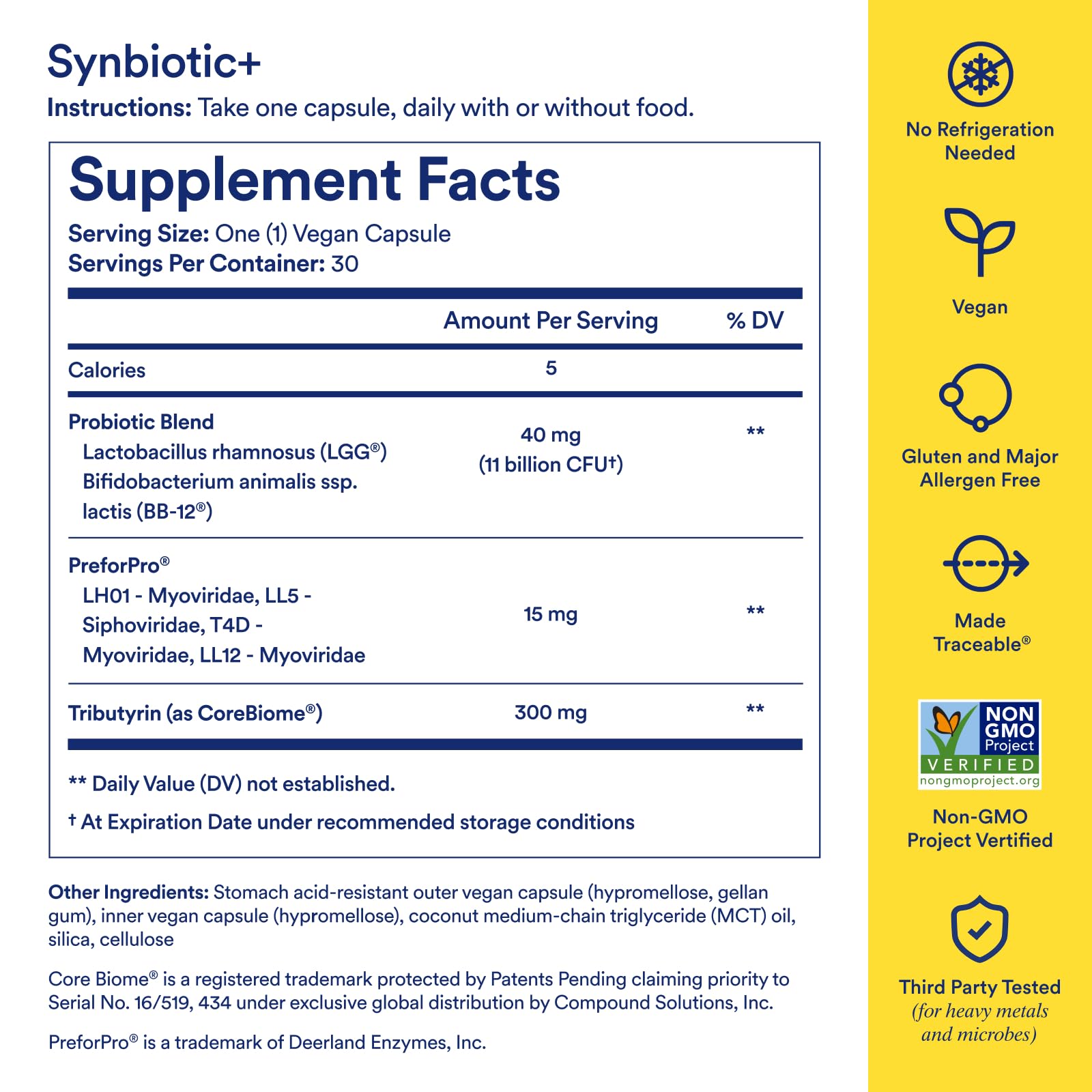Ritual Synbiotic+ ingredients map shows PreforPro, BB-12, LGG, Tributyrin