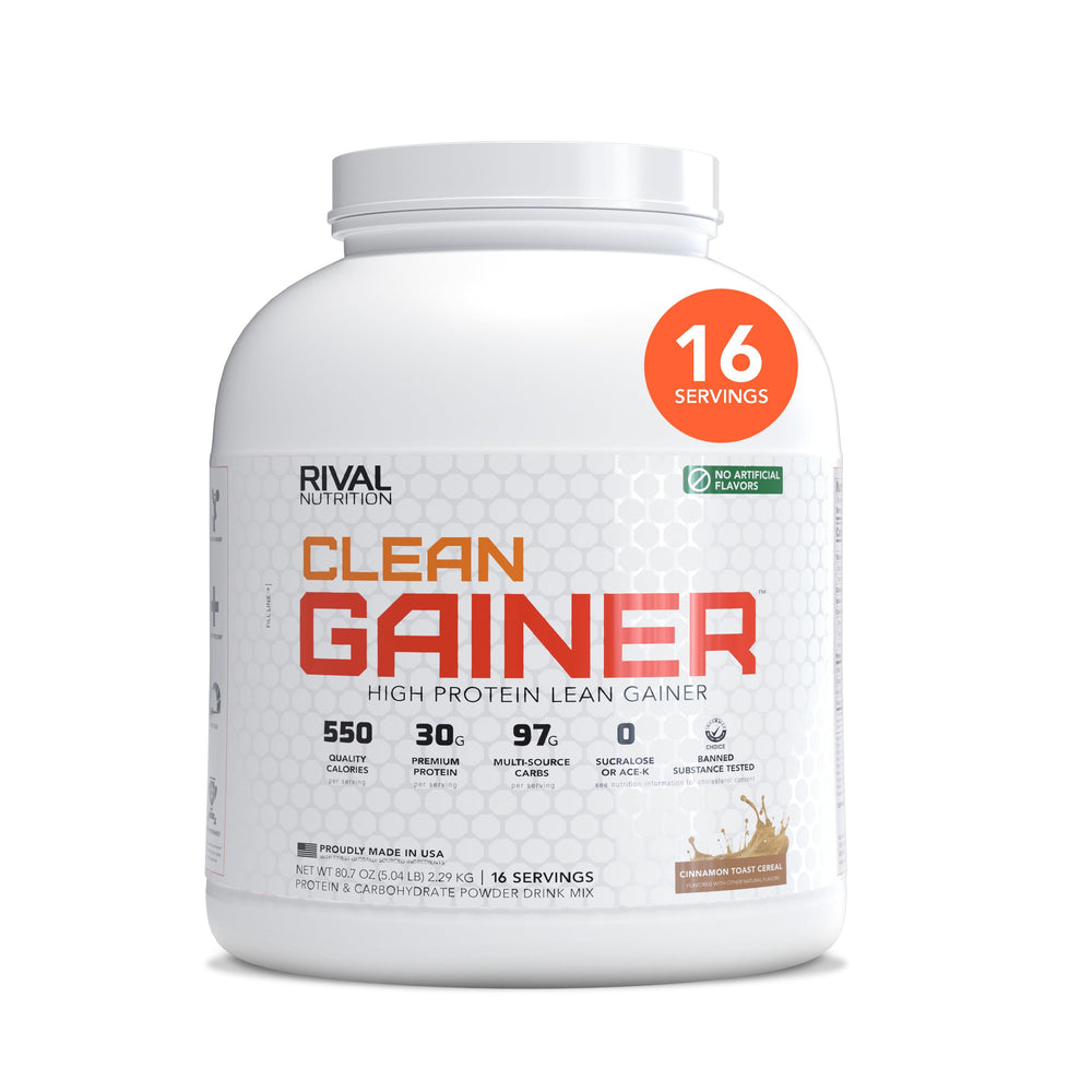 Rival Nutrition Clean Gainer cinnamon toast powder in tub for lean mass support.