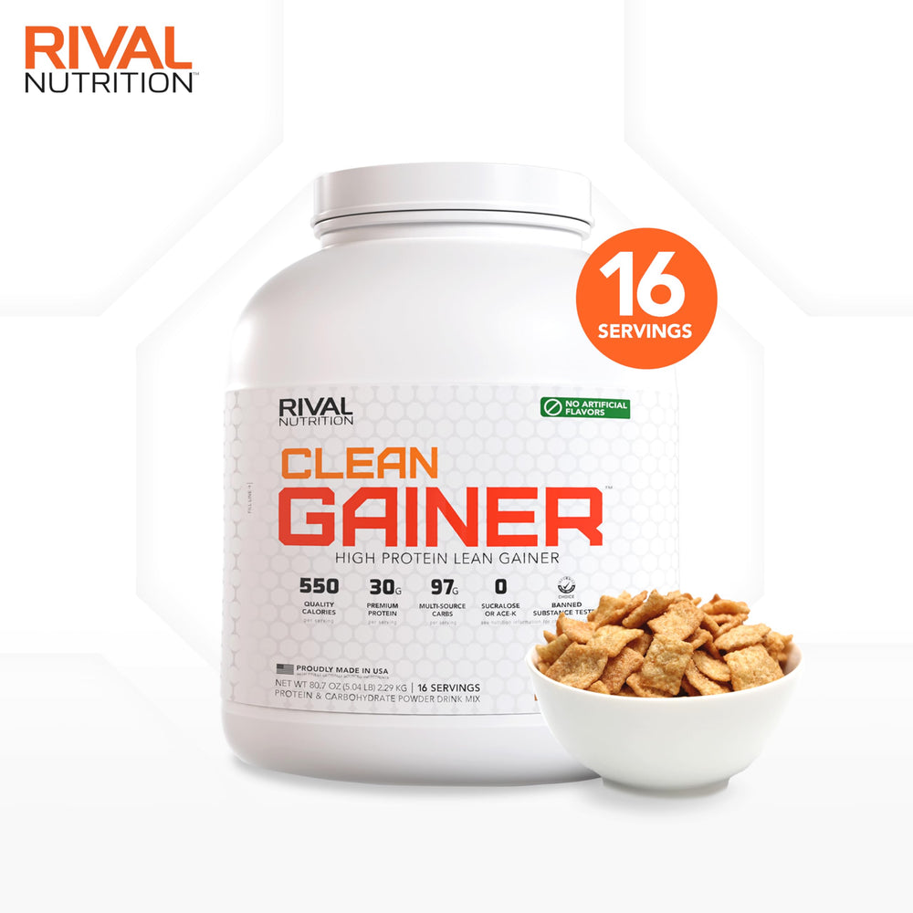 Rival Nutrition Clean Gainer cinnamon toast shake glass ready to mix.