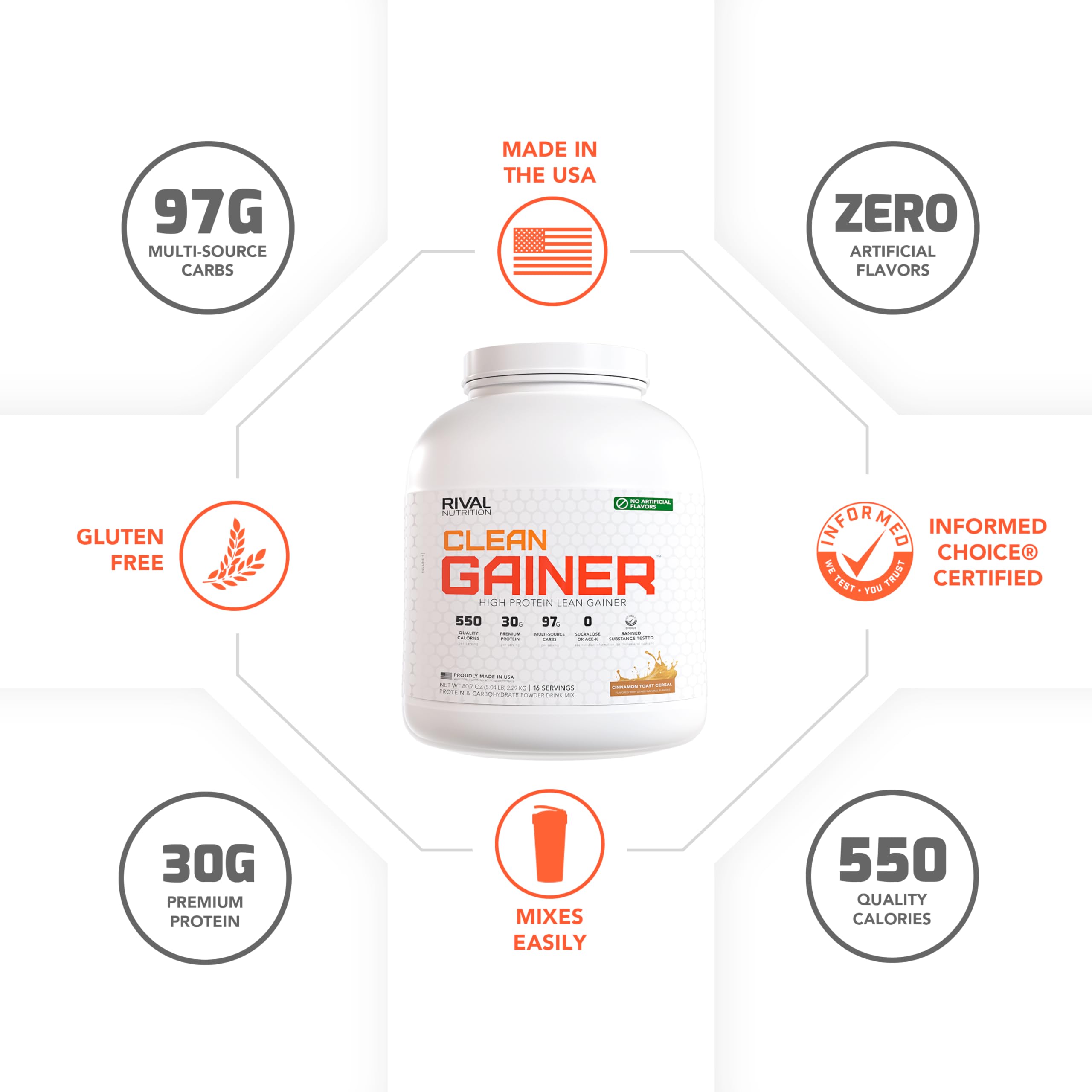 Rival Nutrition Clean Gainer protein blend visual showcasing complete protein mix.