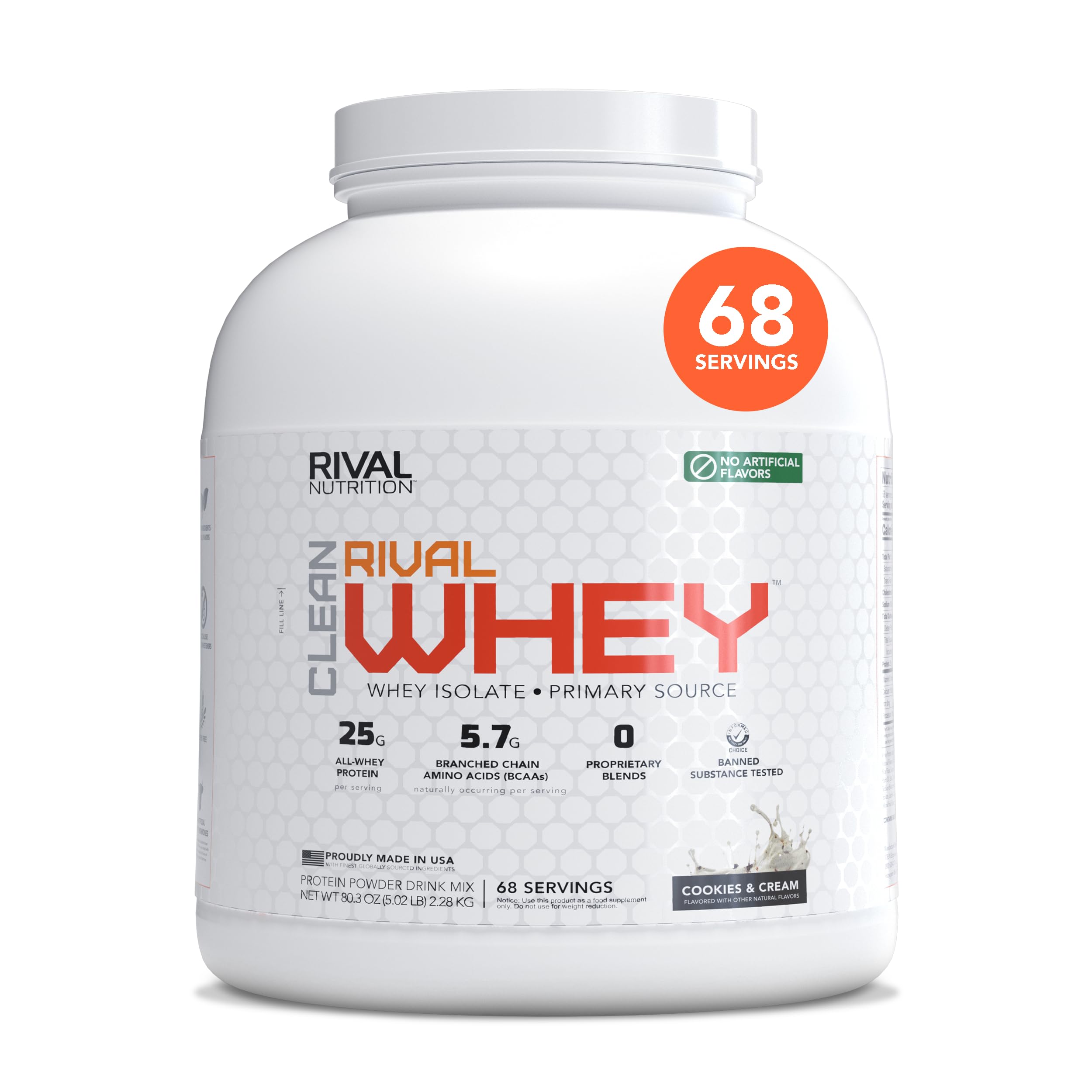Rival Nutrition Clean Rival Whey Cookies and Cream bottle front, high-protein for workouts.