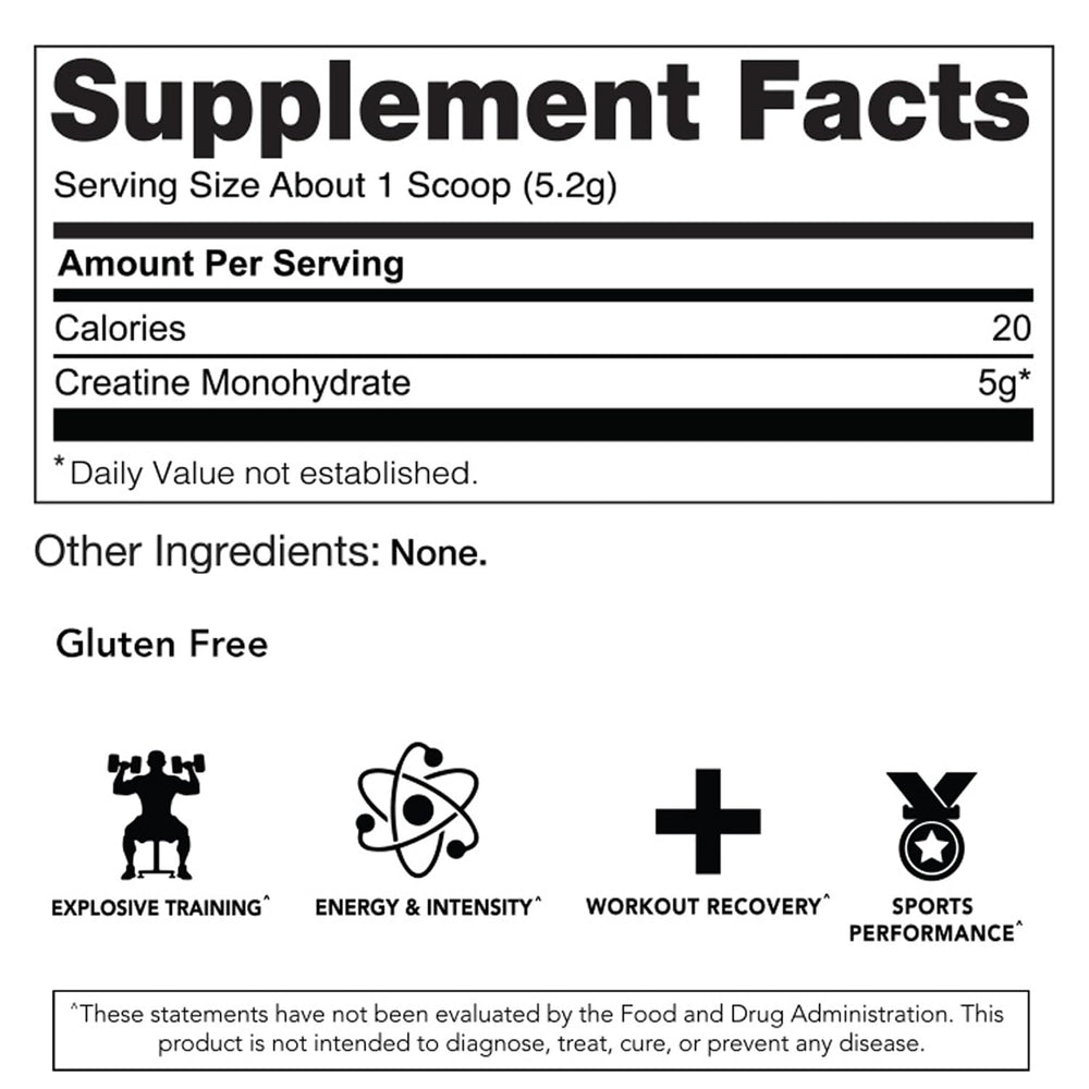 Close-up of Micronized Creatine label showing 5g creatine monohydrate per serving