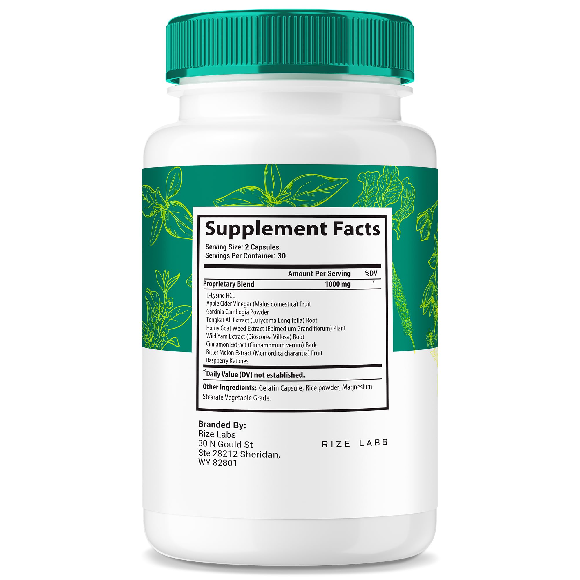 Rize Labs Puravive bottle label closeup highlighting non-GMO wellness formula.