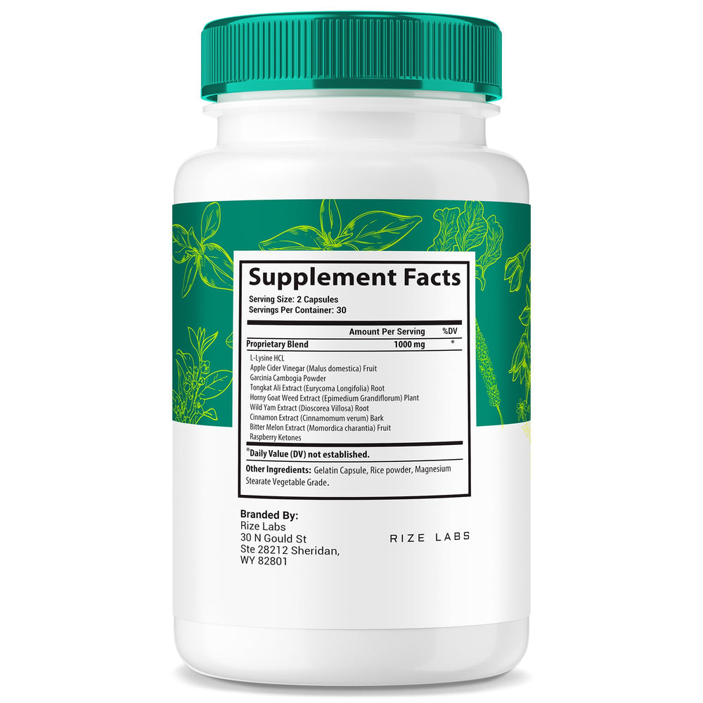 Rize Labs Puravive bottle label closeup highlighting non-GMO wellness formula.