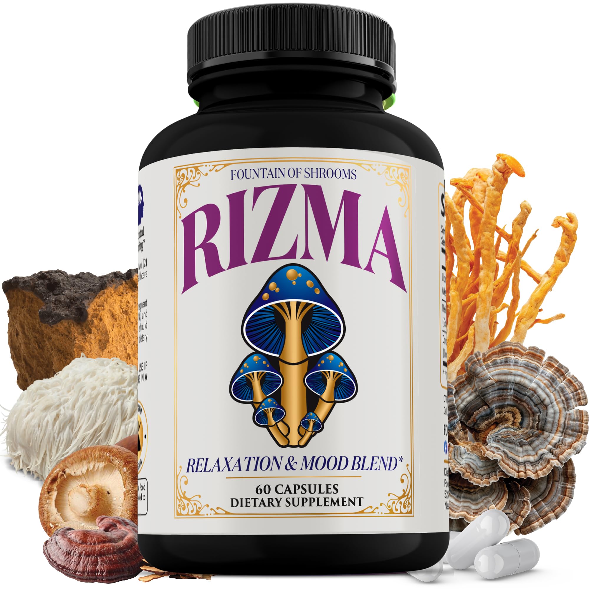 Graphic illustration of Lion’s Mane mushroom alongside Rizma branding