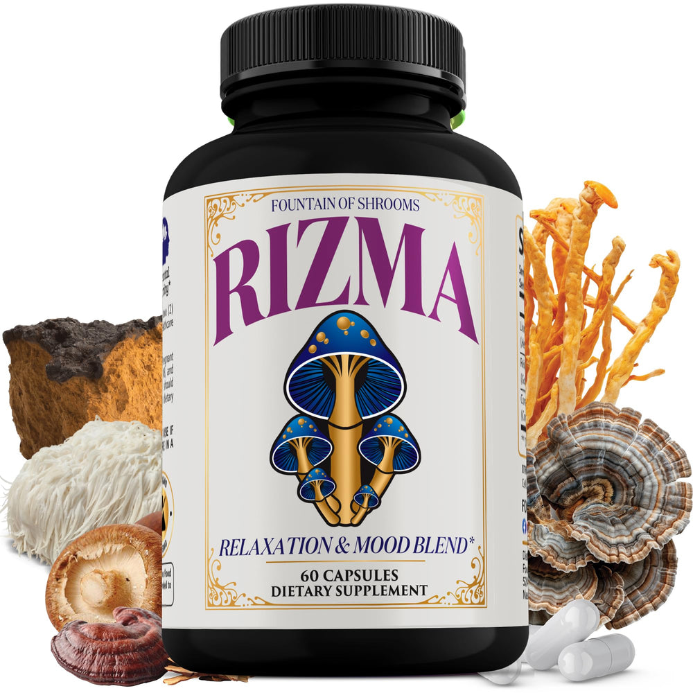 Graphic illustration of Lion’s Mane mushroom alongside Rizma branding