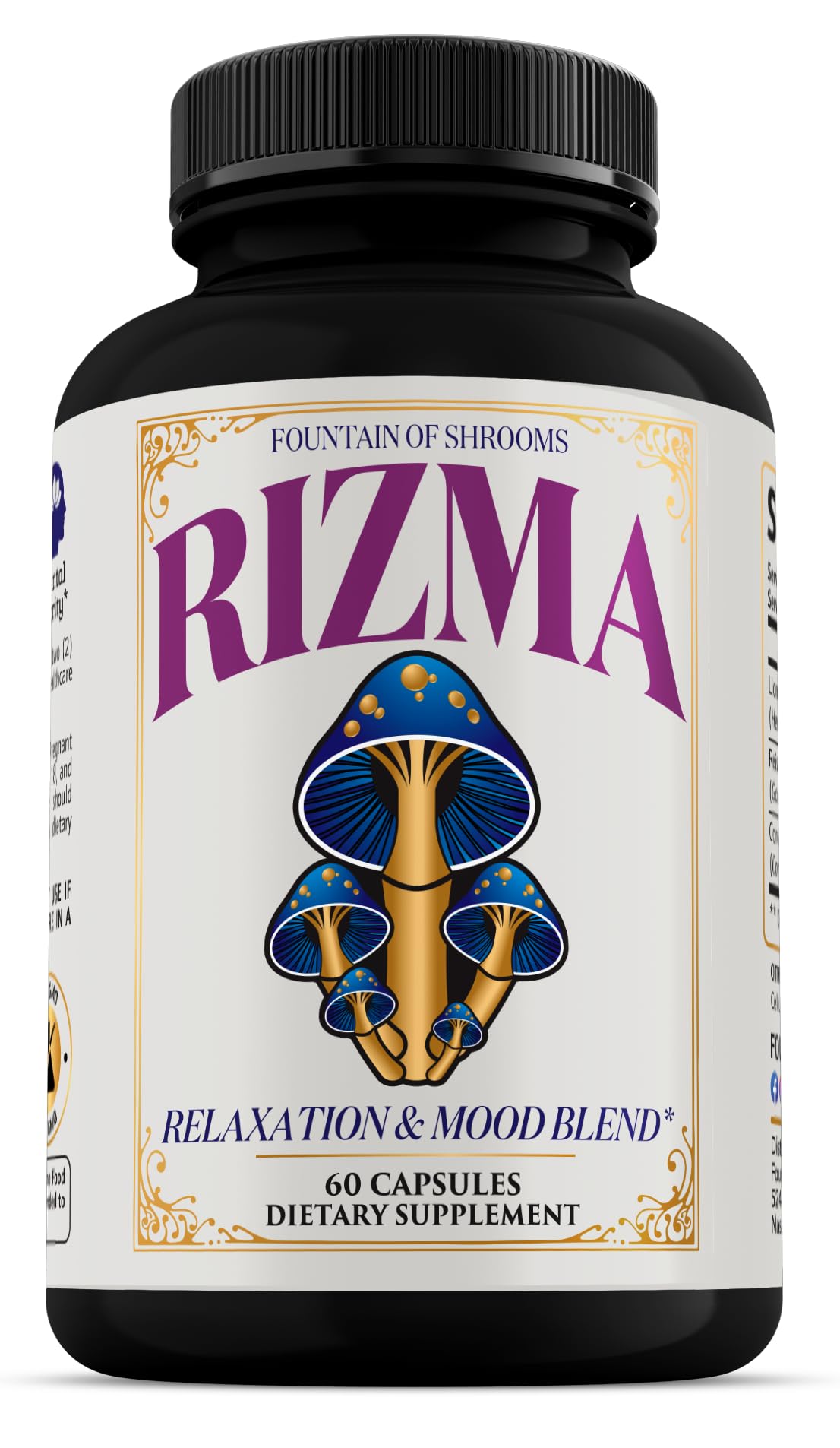 Rizma bottle with label featuring Lion’s Mane, Reishi, and Cordyceps