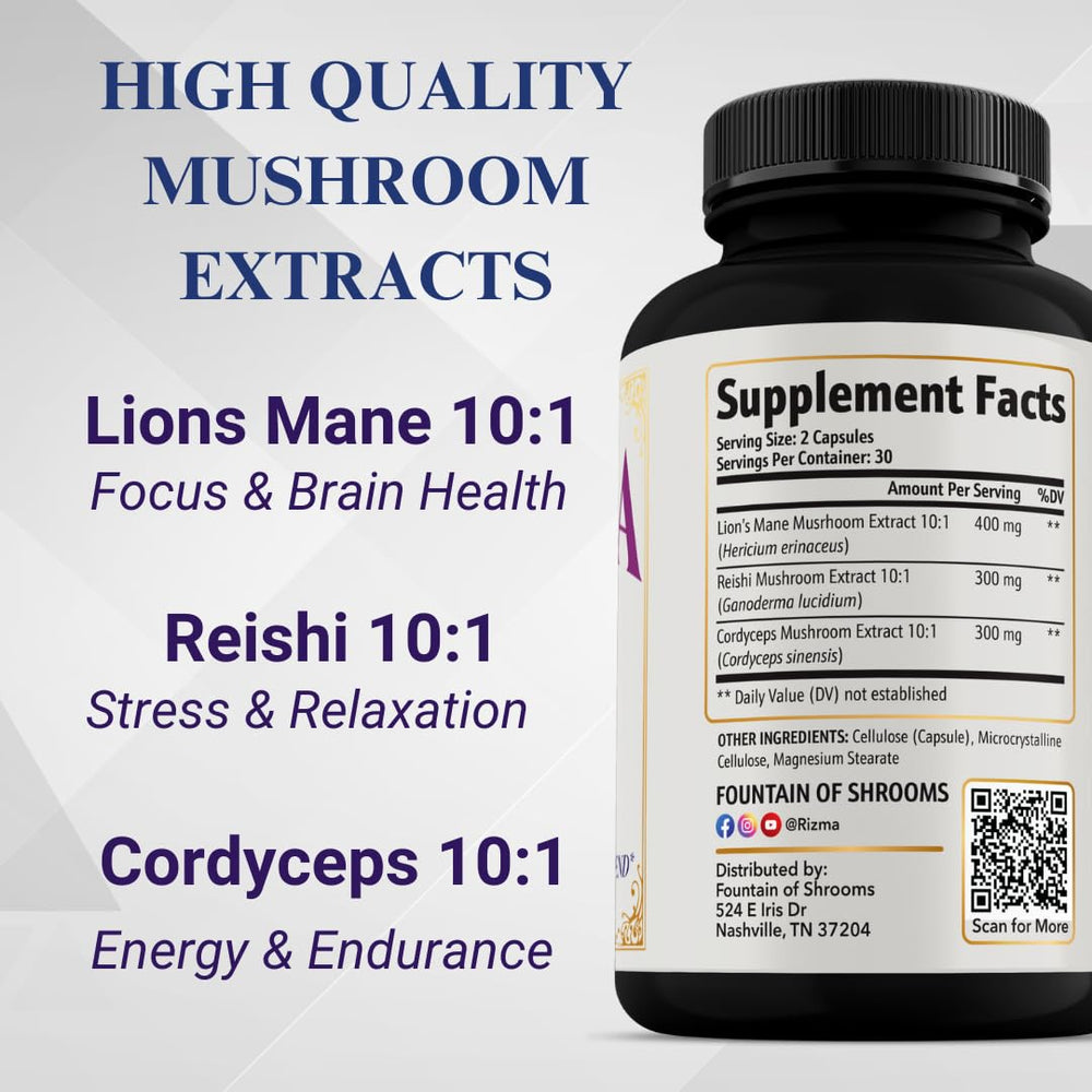 Close-up of Rizma capsules showing high-potency 10:1 mushroom extracts