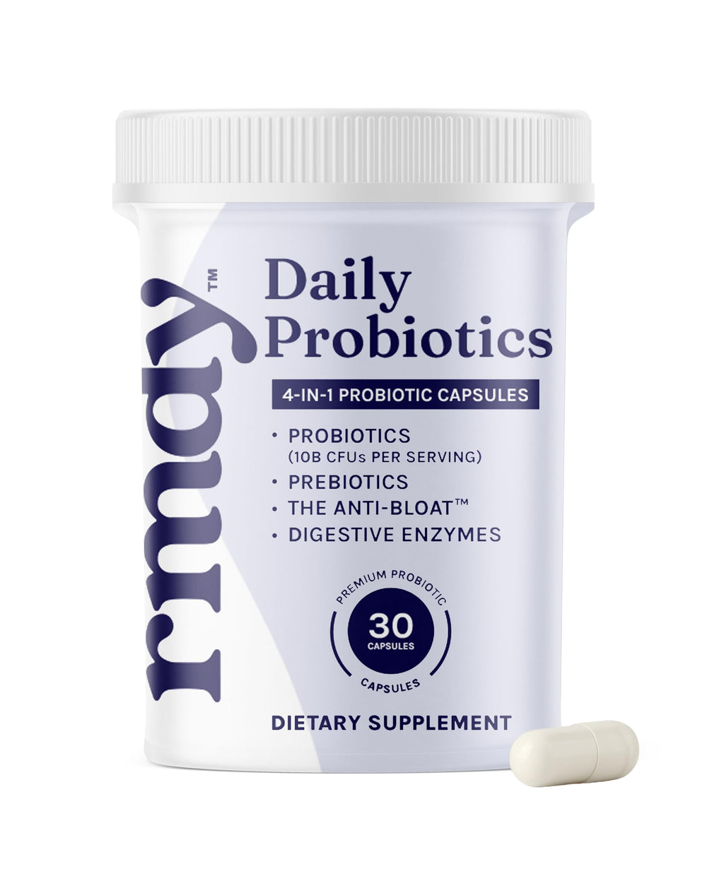 Front view of rmdy probiotic bottle showing 30 capsules for digestive health