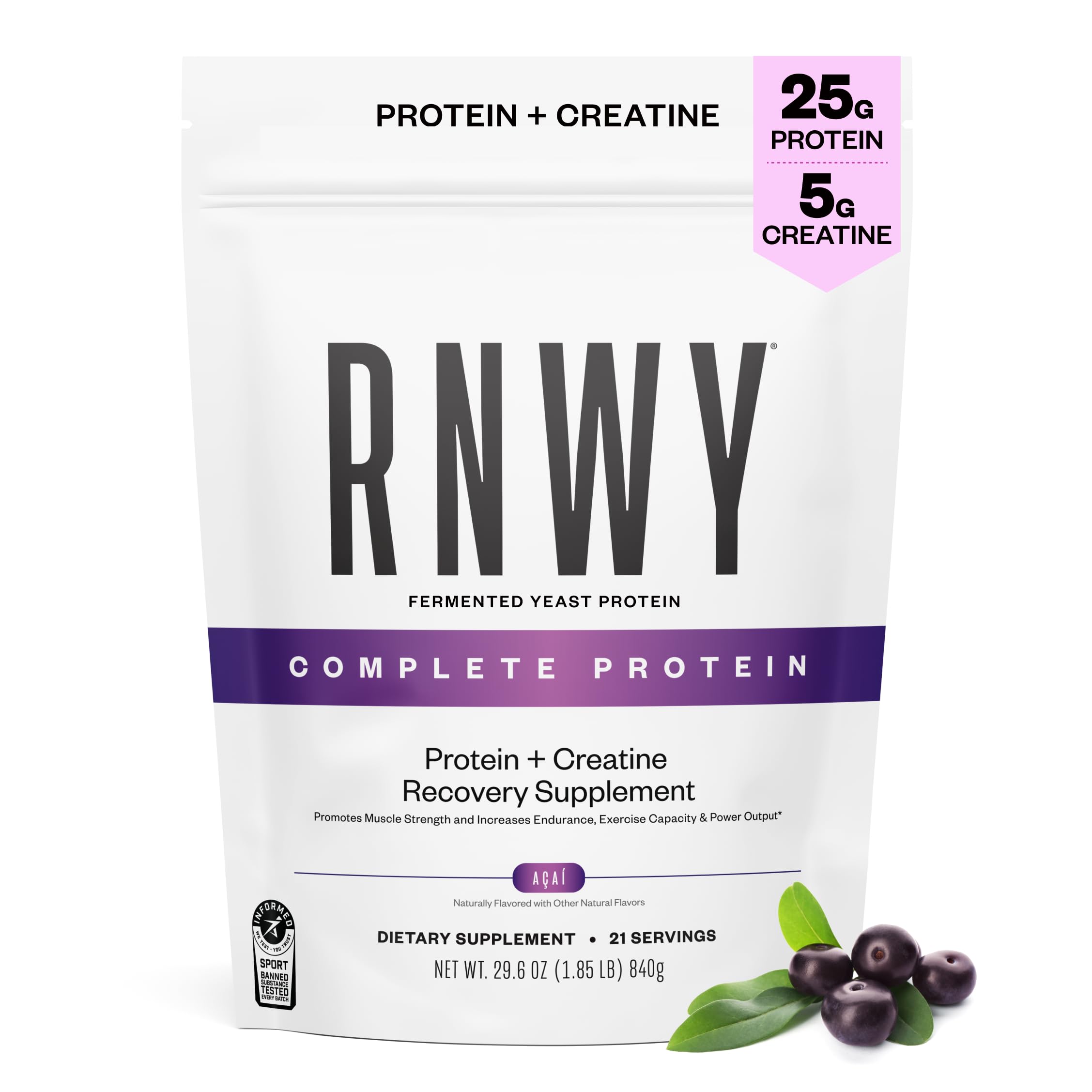 RNWY acai protein creatine bottle shows convenient daily recovery support for vegan athletes.