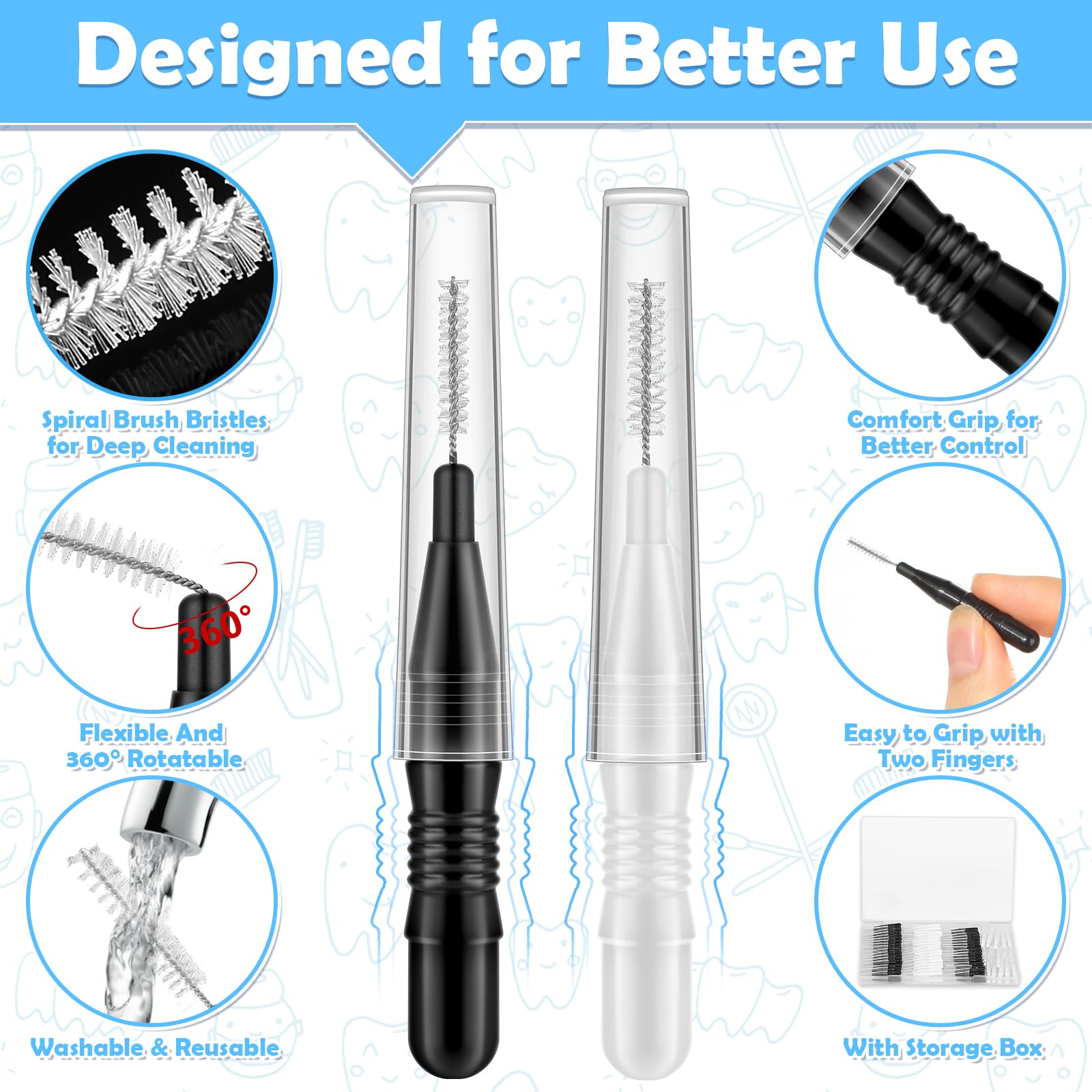 Assorted black and white interdental brushes laid out