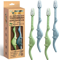 ROARex All-Natural Kids Toothbrushes with blue and green dinosaur design (image 1)
