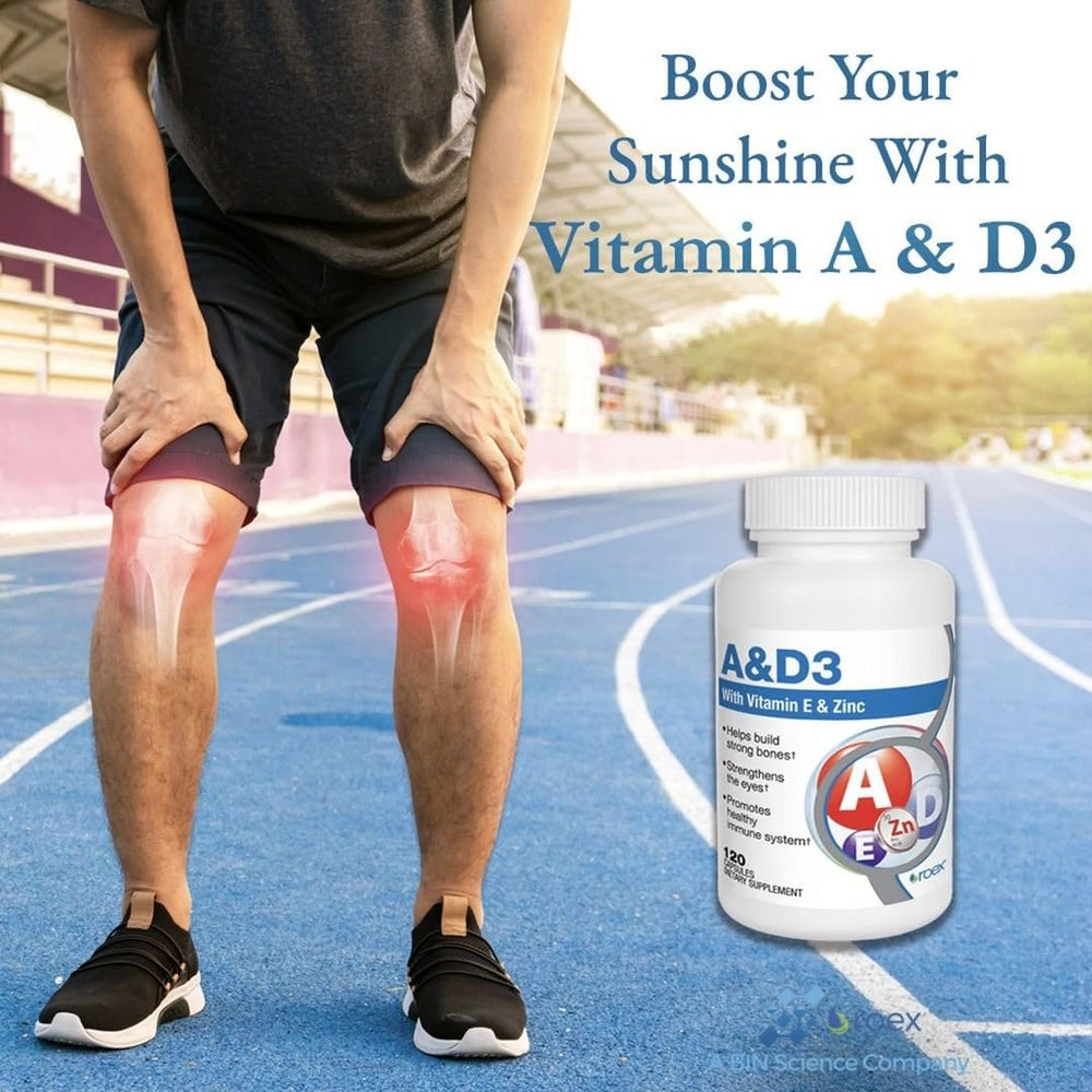 Roex Vitamin A and D Plus E packaging on white background