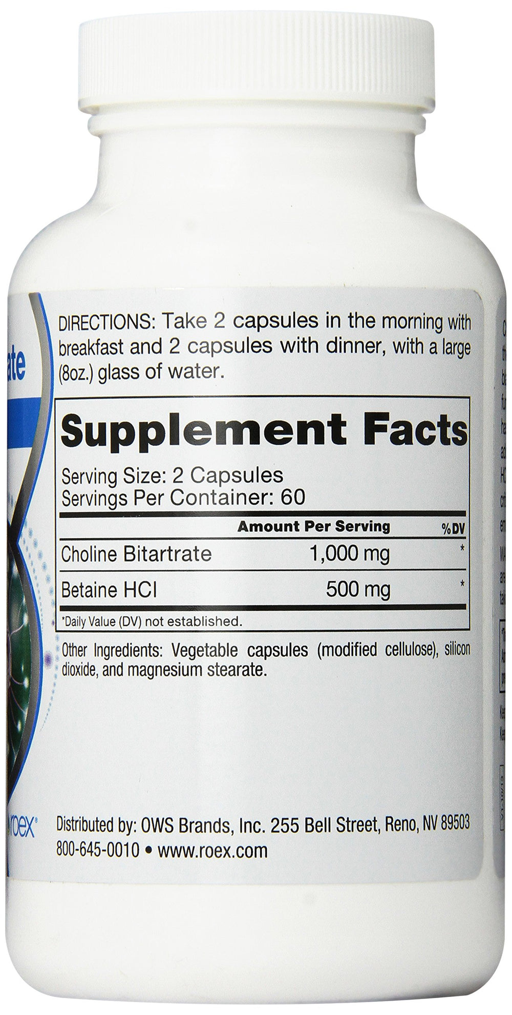 Close-up of Roex Vitamins Choline Bitartrate bottle