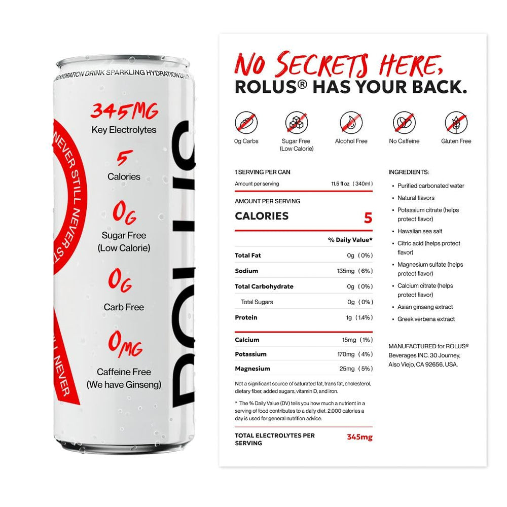 ROLUS Sparkling Electrolyte close-up bubbles hint at crisp, sugar-free hydration.