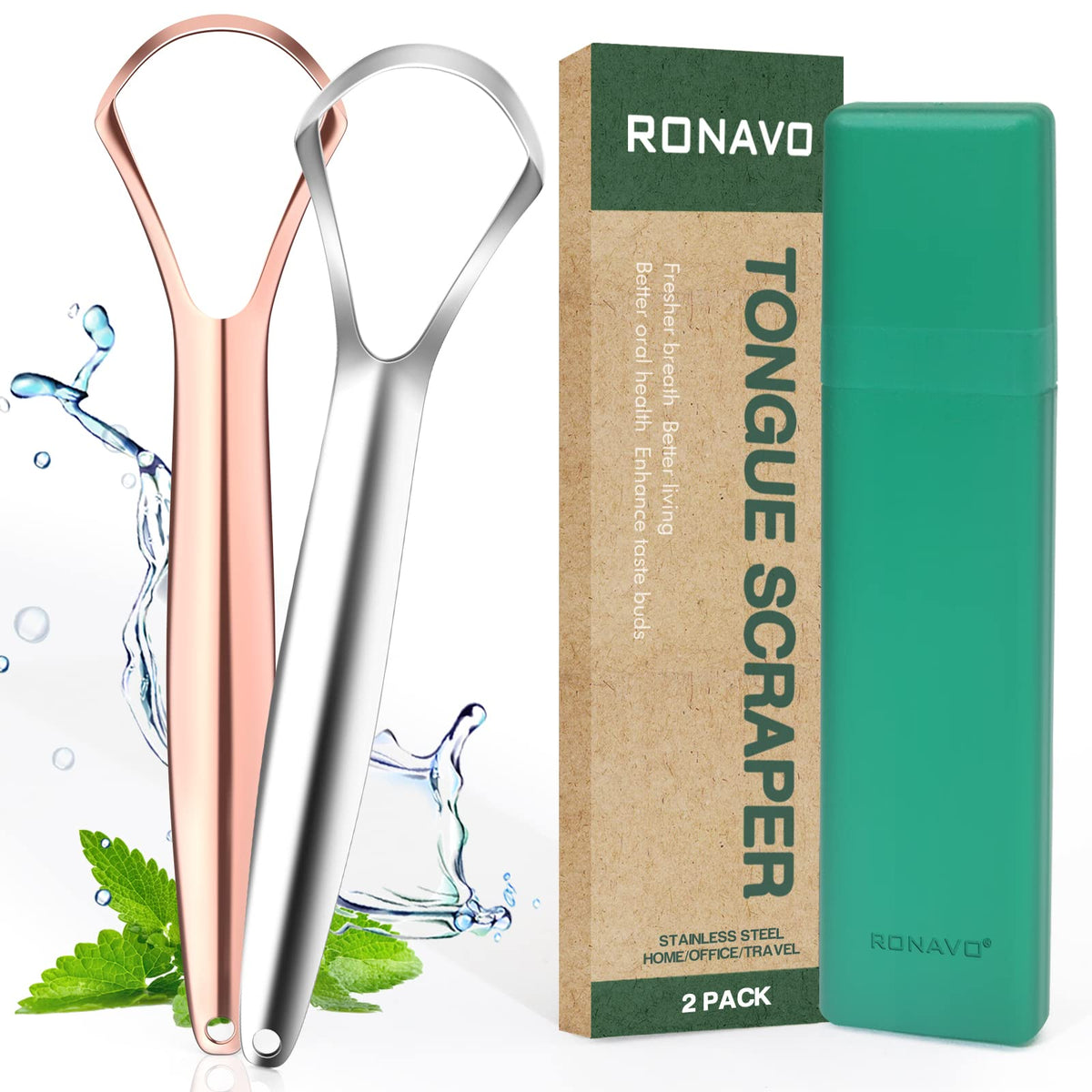 RONAVO Tongue Scraper – stainless steel, 2-pack, angled view