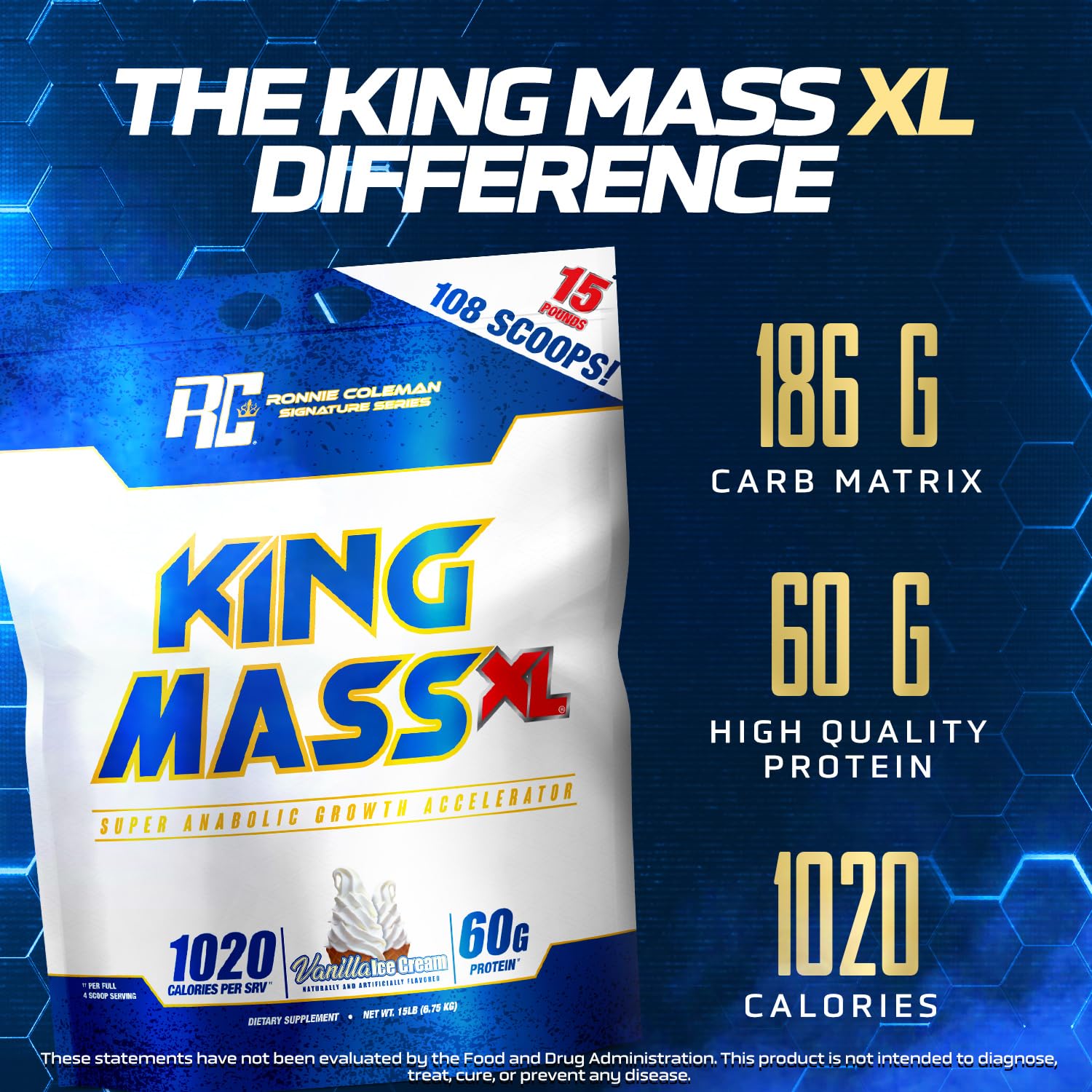 Nutrition panel close-up of King Mass XL showing protein and calories