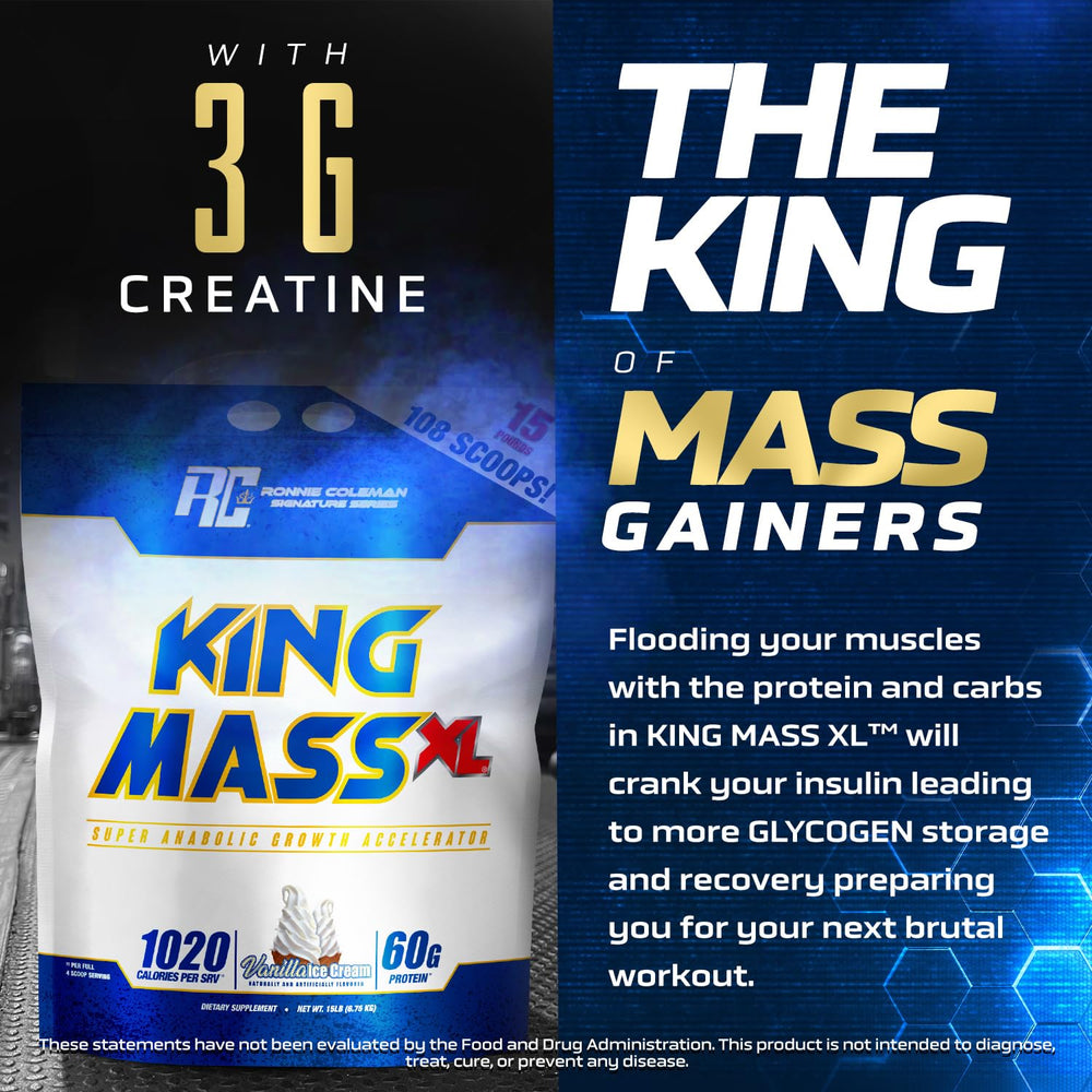 Open King Mass XL tub with powder dust around for rich mass gain fueling