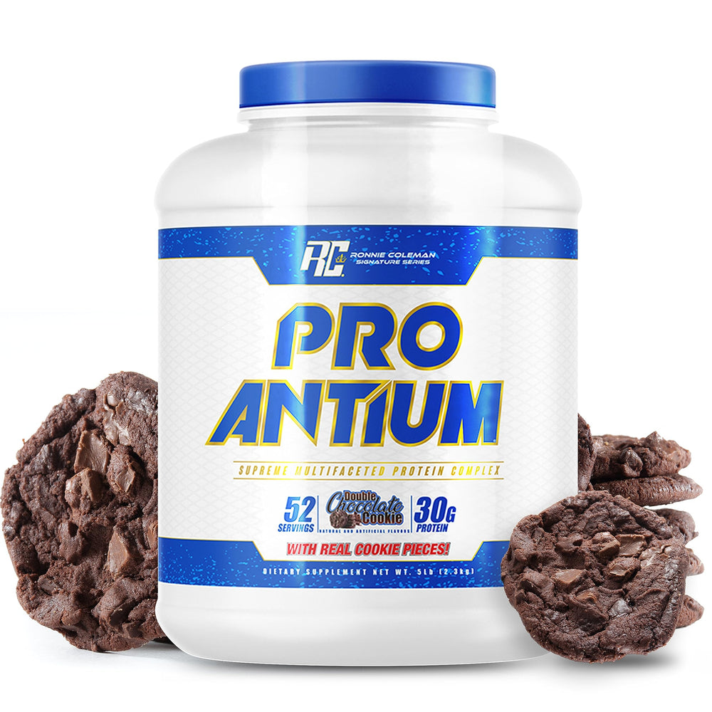 Ronnie Coleman Pro-Antium whey container highlighting 30g protein per serving for lean muscle support.
