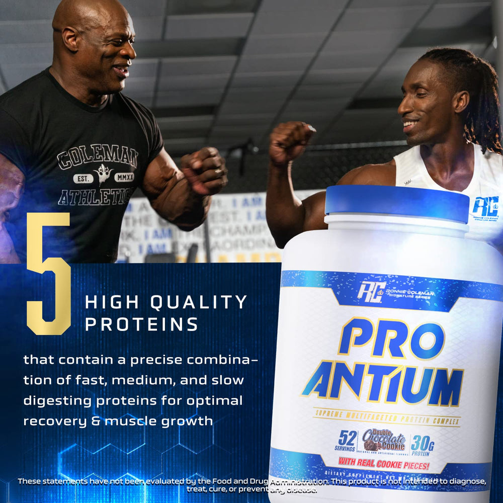 Ronnie Coleman Pro-Antium nutrition label emphasizing protein and amino acids.