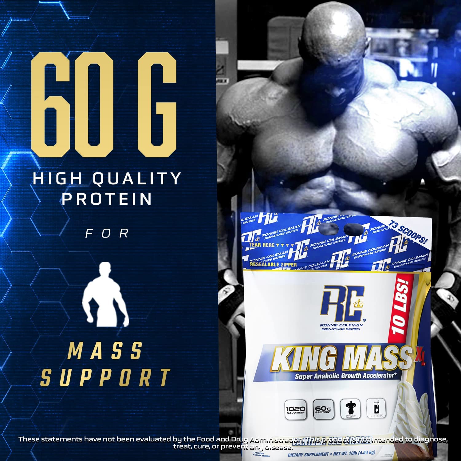 Ronnie Coleman Signature Series King Mass XL close-up of ingredients emphasizes quality fuel for workouts.