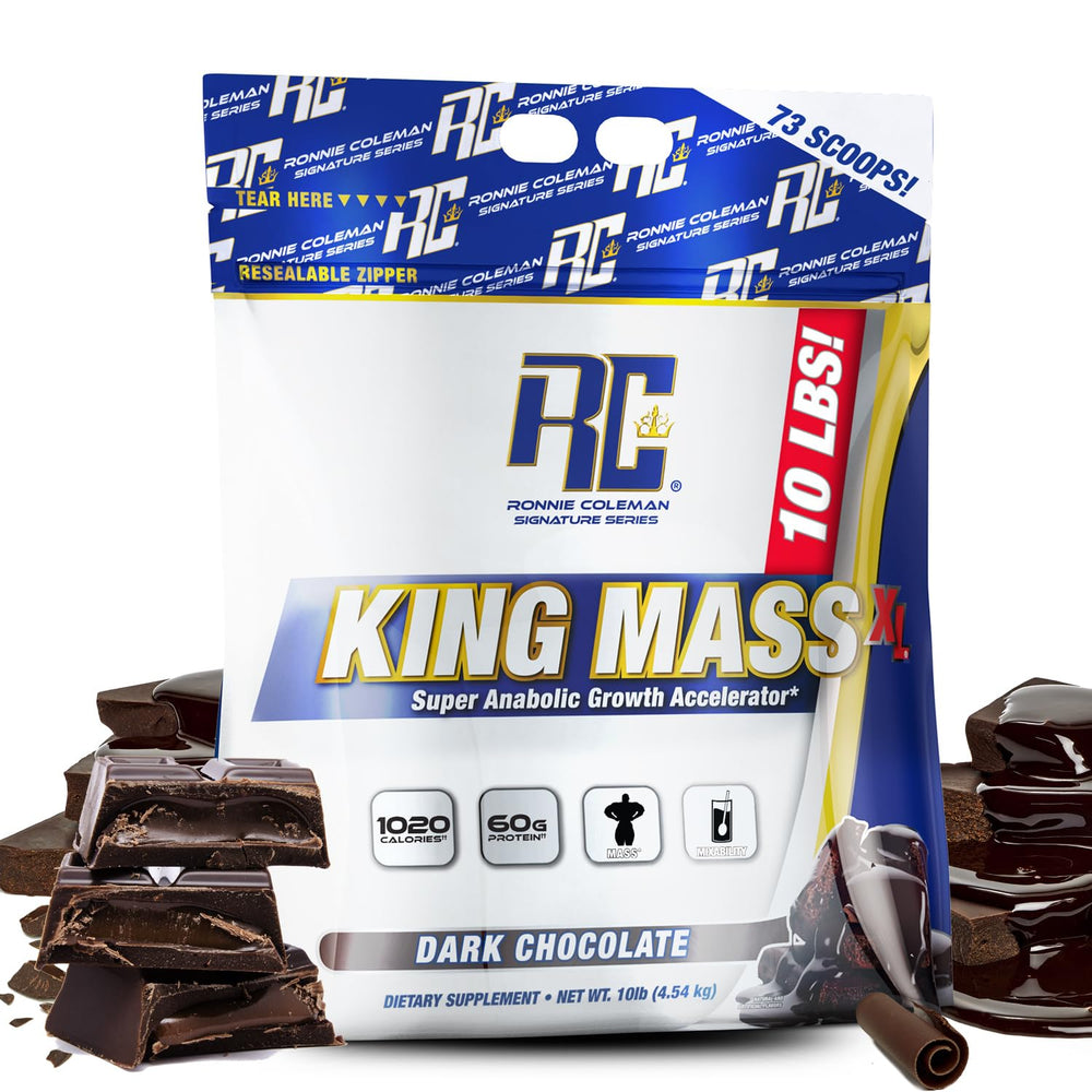 Ronnie Coleman Signature Series King Mass XL packaging shown for high-protein mass gain fueling workouts.