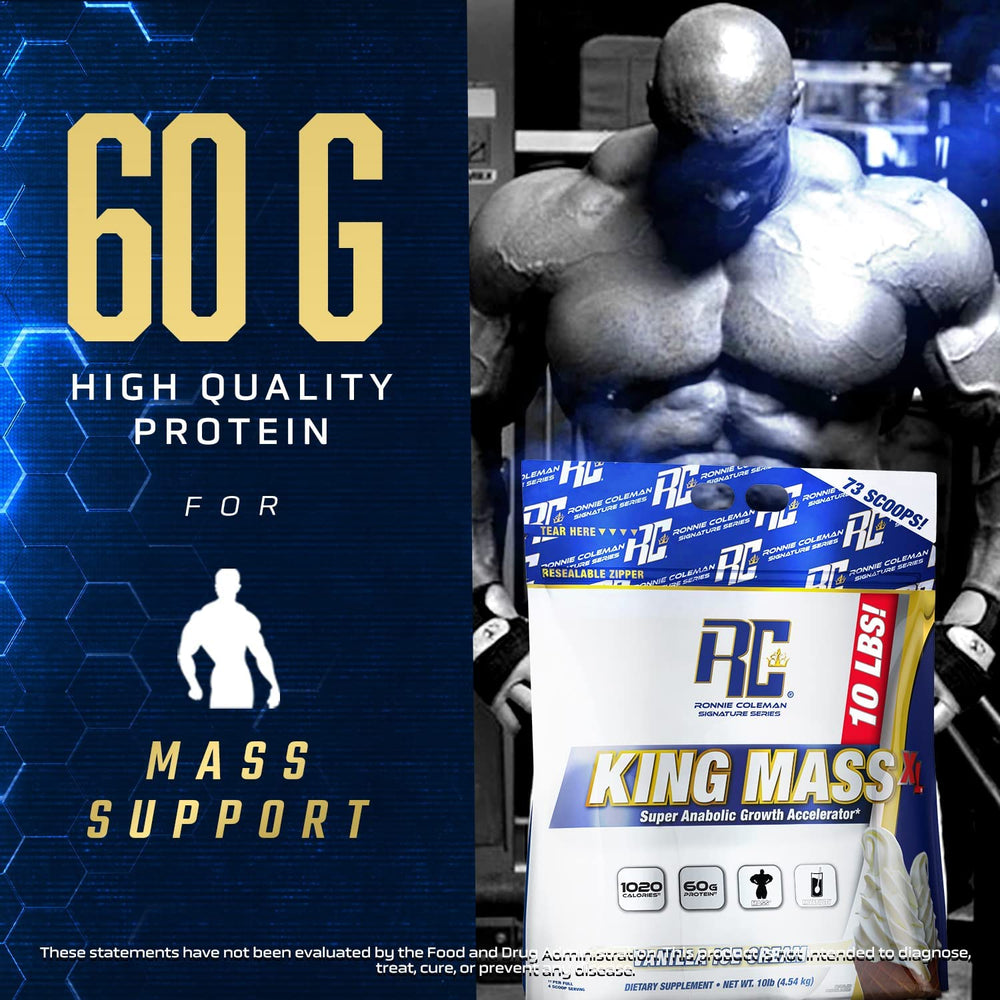 Ronnie Coleman Signature Series King Mass XL scoop in a serving container highlighting 60g protein per serving.