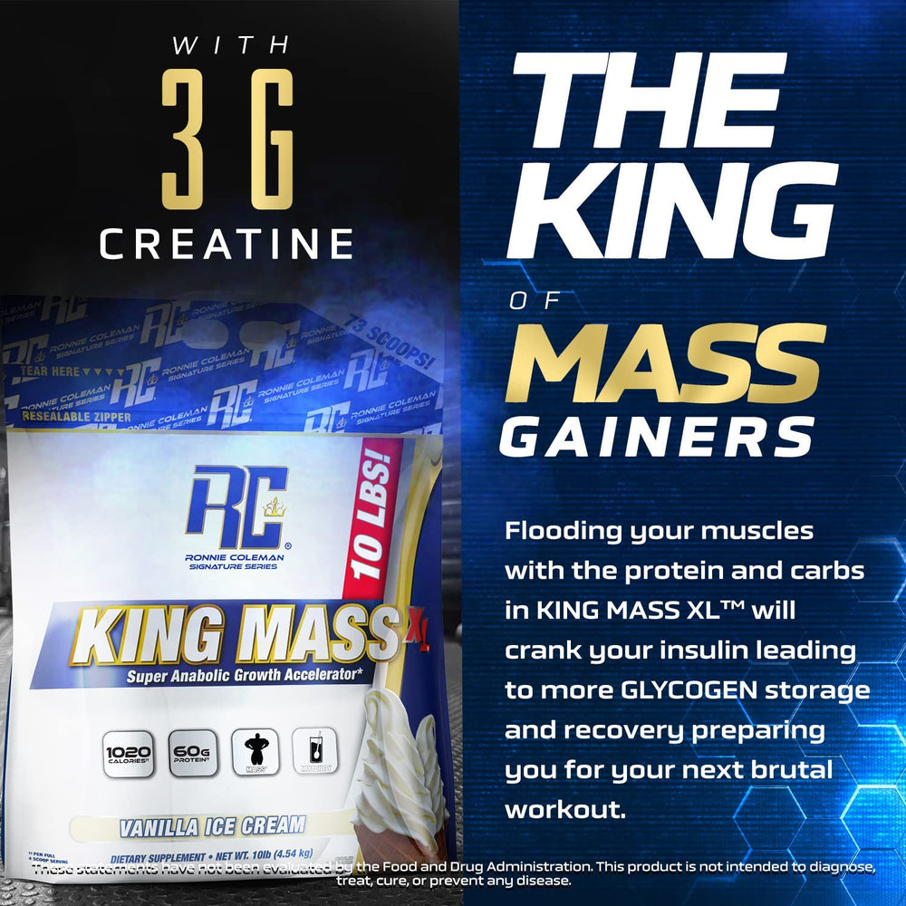 Ronnie Coleman Signature Series King Mass XL scoop in a serving container highlighting 60g protein per serving.