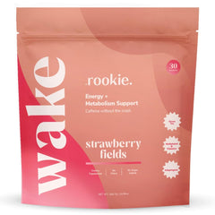 Rookie Wellness Wake Strawberry Fields powder pouch with scoop