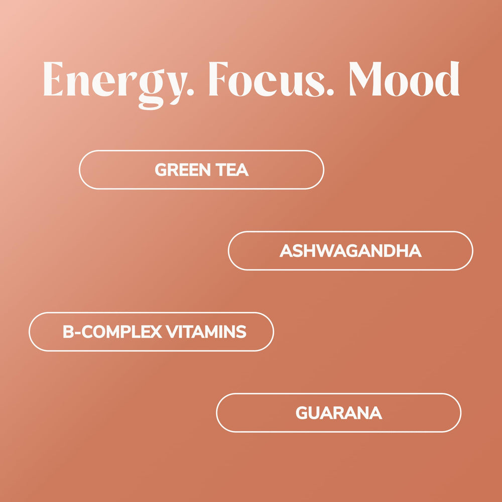Close-up of ingredients highlighting caffeine sources and B vitamins