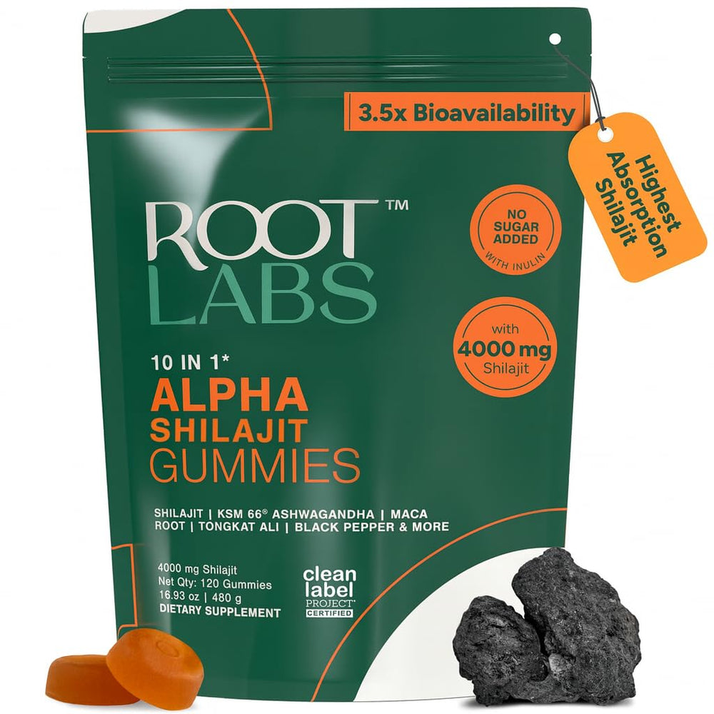 Front view of ROOT LABS 10-in-1 Alpha Shilajit Gummies bottle