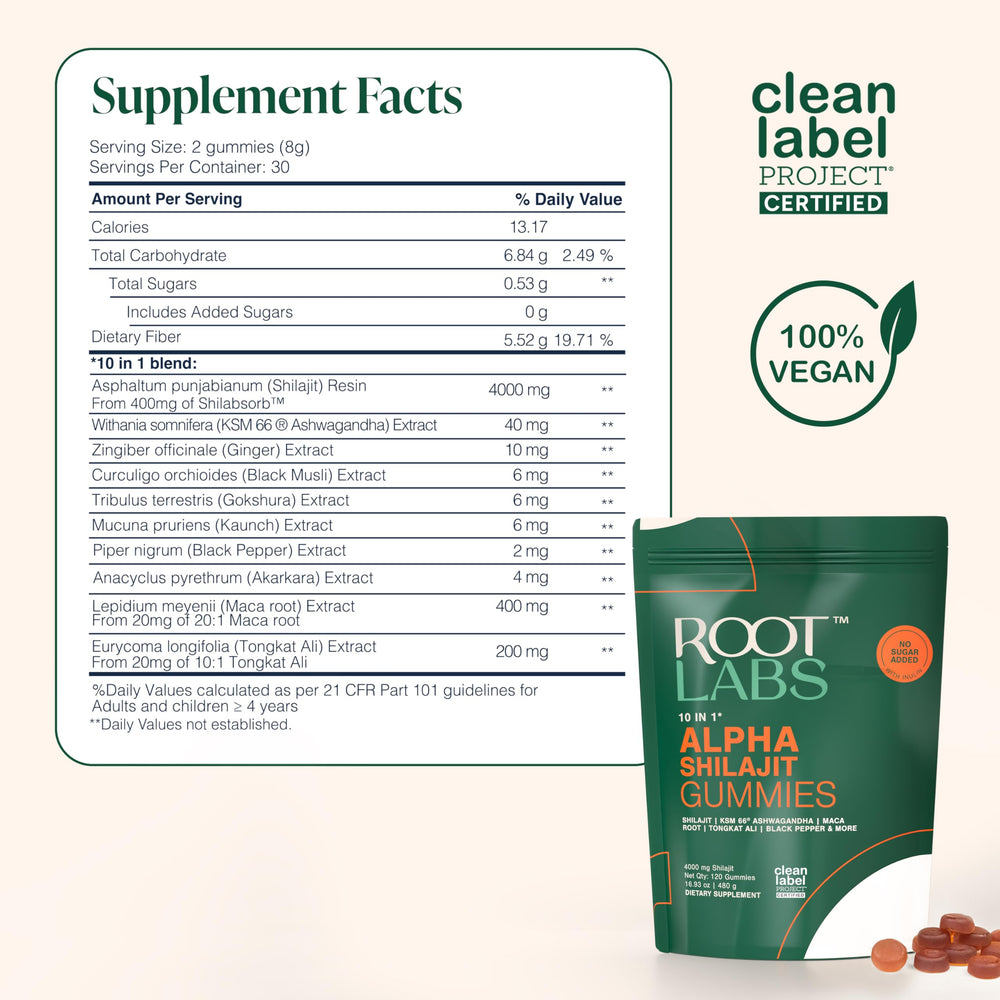 Root Labs Alpha Shilajit Gummies vegan and sugar-free claim on packaging.