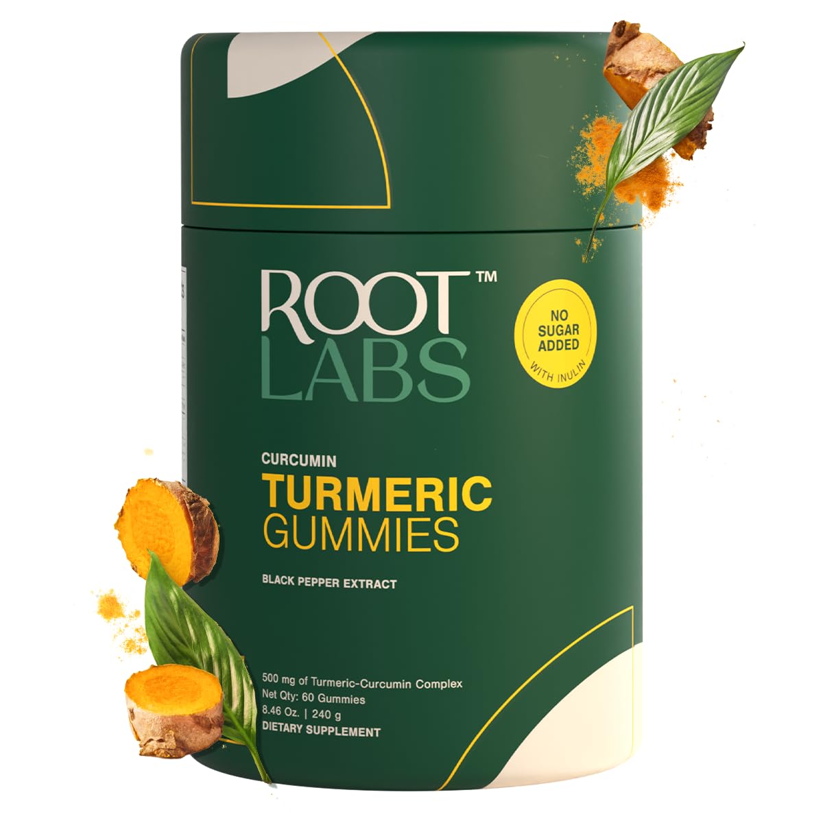 Bottle of ROOT LABS Turmeric Gummies showing 60 gummies