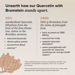 Ingredients panel showing 95% Quercetin Dihydrate and 2400 GDU/g Bromelain