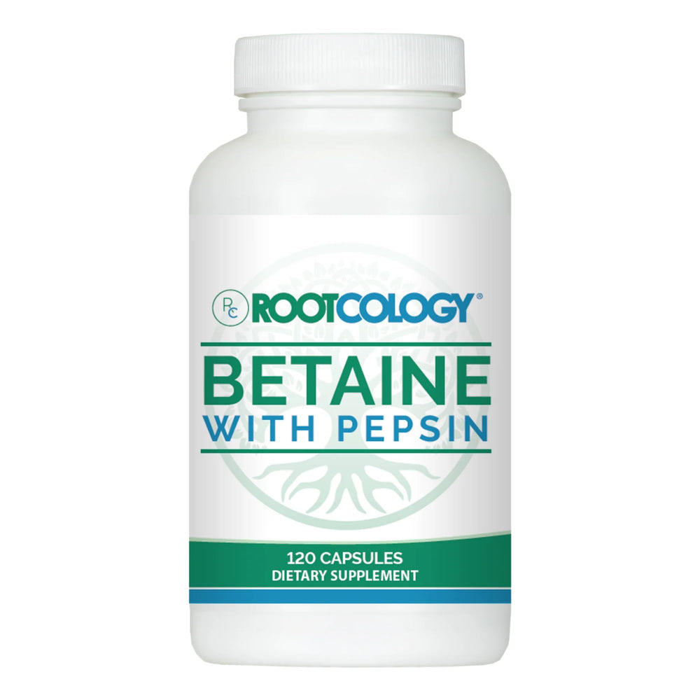Rootcology Betaine with Pepsin bottle and label – 120 capsules
